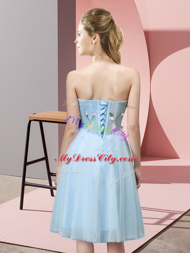 Luxurious Sleeveless Tulle Knee Length Lace Up Damas Dress in Light Blue with Appliques