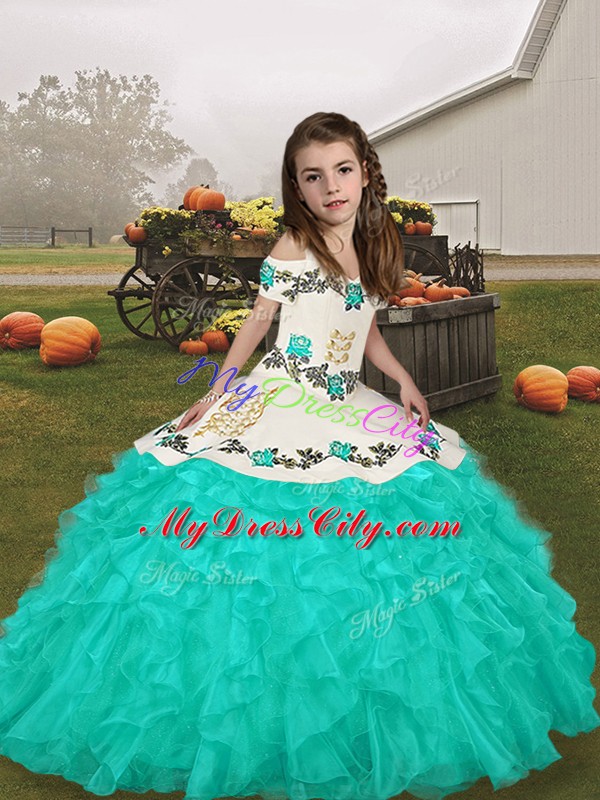 Turquoise Long Sleeves Embroidery and Ruffles Floor Length Child Pageant Dress