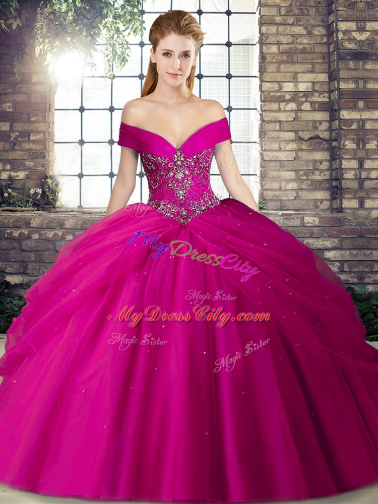 Hot Selling Fuchsia Sleeveless Beading and Pick Ups Lace Up Quinceanera Dresses