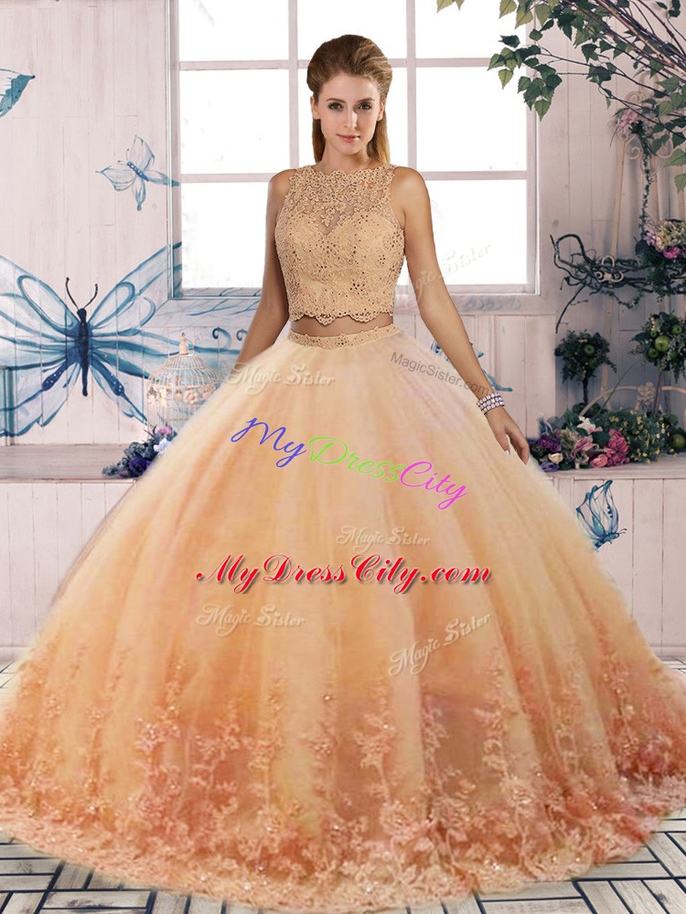 Peach Quince Ball Gowns Tulle Sweep Train Sleeveless Lace