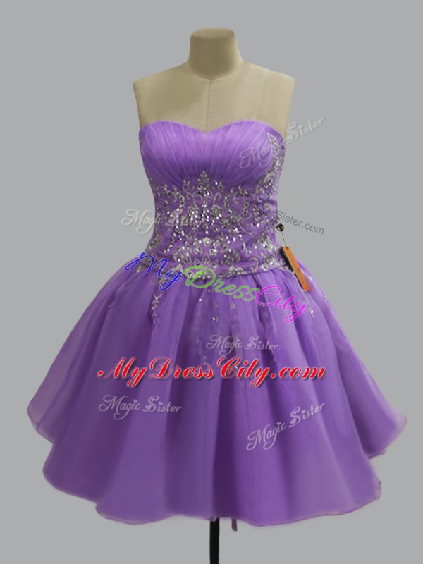 Latest Sweetheart Sleeveless Dress for Prom Mini Length Beading Lavender Organza