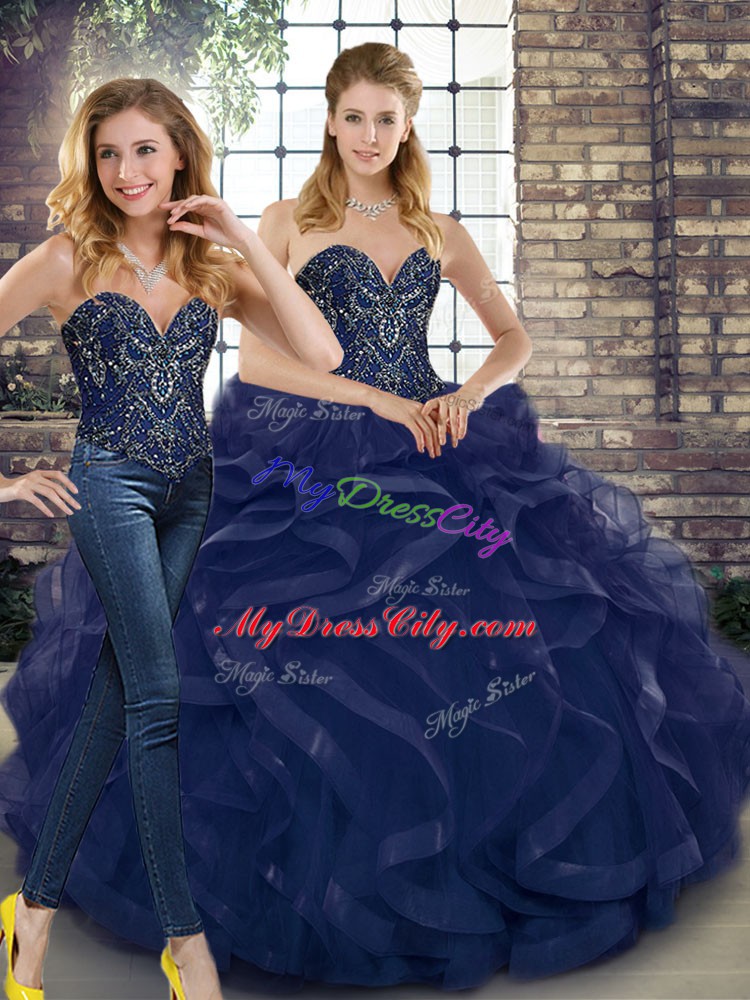 Floor Length Two Pieces Sleeveless Navy Blue Ball Gown Prom Dress Lace Up