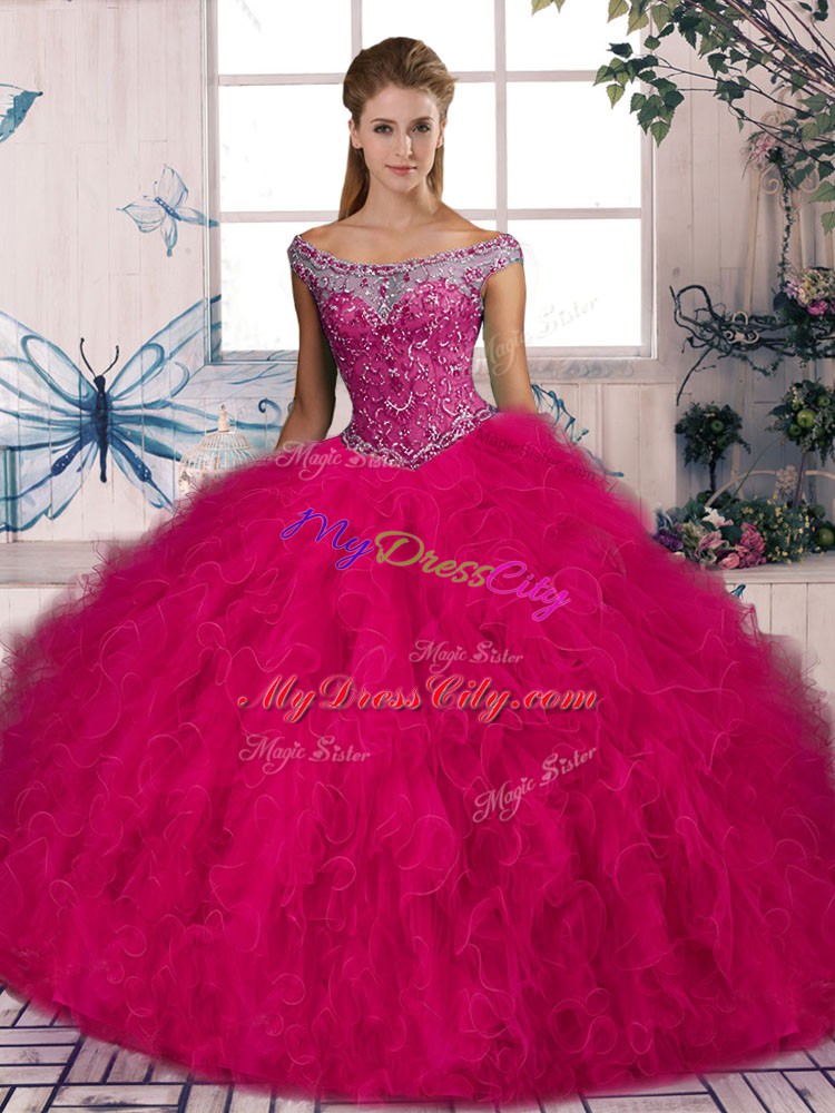 Hot Pink Sleeveless Beading and Ruffles Lace Up Sweet 16 Quinceanera Dress