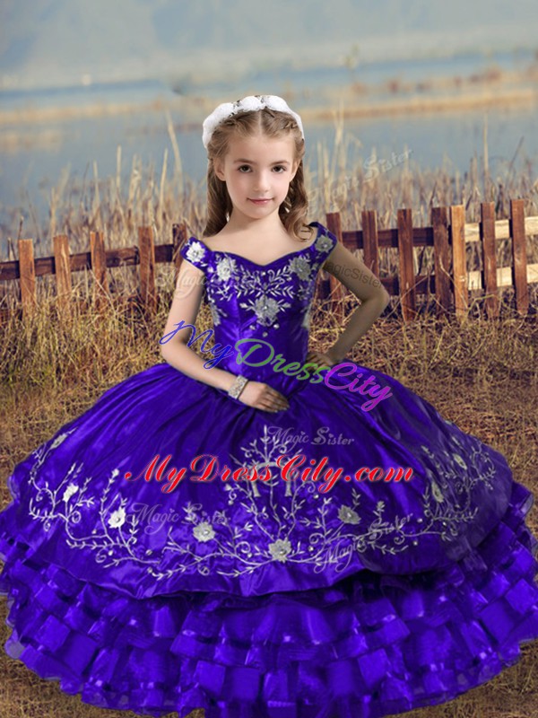 Cheap Purple Off The Shoulder Lace Up Embroidery and Ruffled Layers Custom Made Pageant Dress Sleeveless