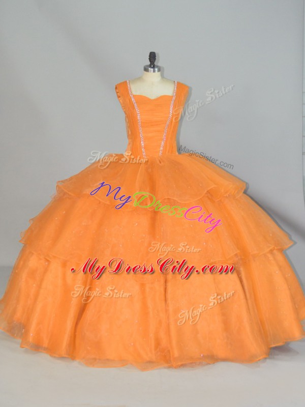 High Class Straps Sleeveless Ball Gown Prom Dress Floor Length Beading and Ruffled Layers and Ruching Orange Organza