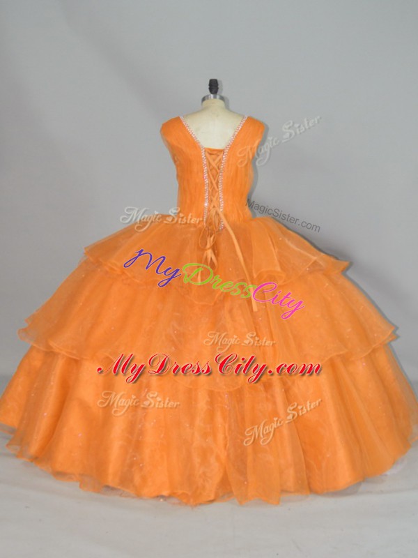 High Class Straps Sleeveless Ball Gown Prom Dress Floor Length Beading and Ruffled Layers and Ruching Orange Organza