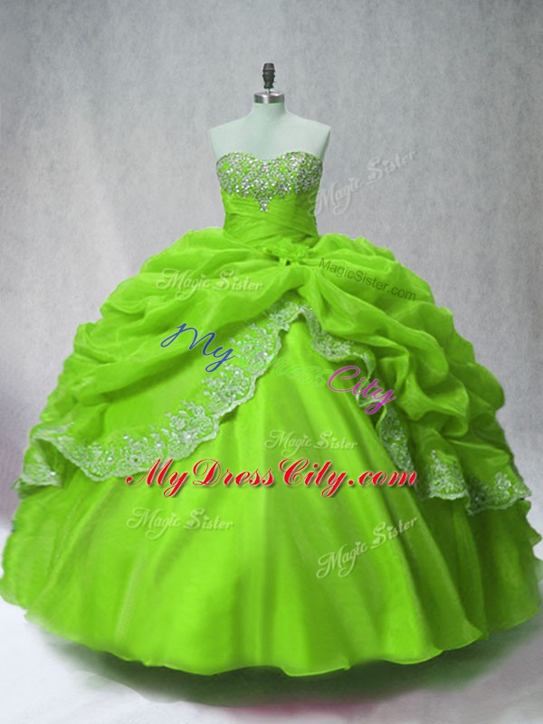 Classical Long Sleeves Organza Floor Length Lace Up 15 Quinceanera Dress in Green with Beading and Appliques and Pick Ups