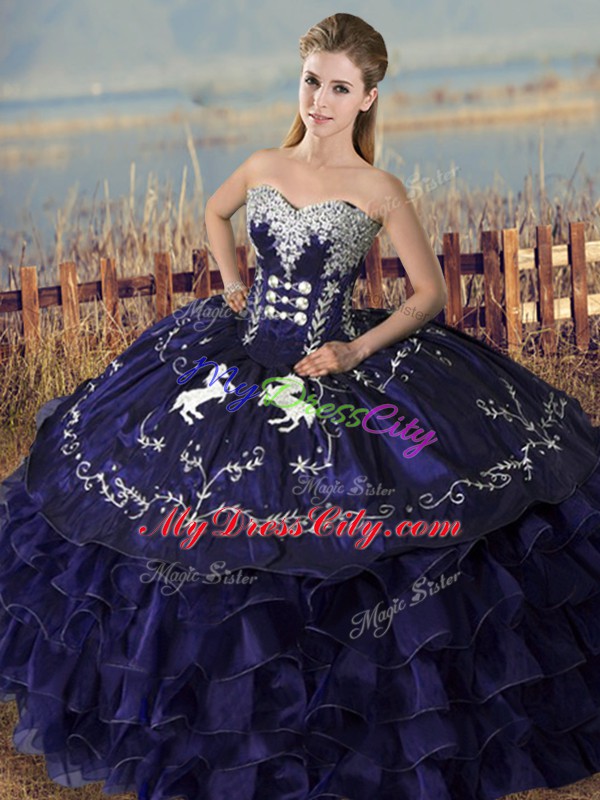 Stunning Purple Sweetheart Neckline Embroidery and Ruffles Quinceanera Gown Sleeveless Lace Up