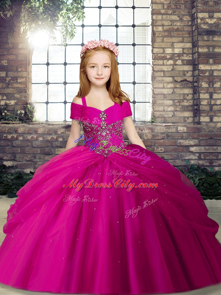 Latest Straps Sleeveless Lace Up Pageant Dress for Girls Fuchsia Tulle