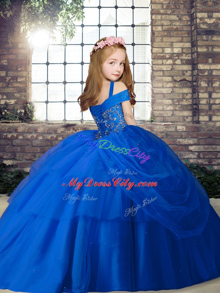Latest Straps Sleeveless Lace Up Pageant Dress for Girls Fuchsia Tulle