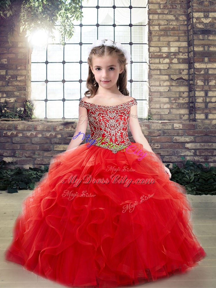 Best Red Ball Gowns Off The Shoulder Sleeveless Tulle Floor Length Lace Up Beading and Ruffles Pageant Dresses