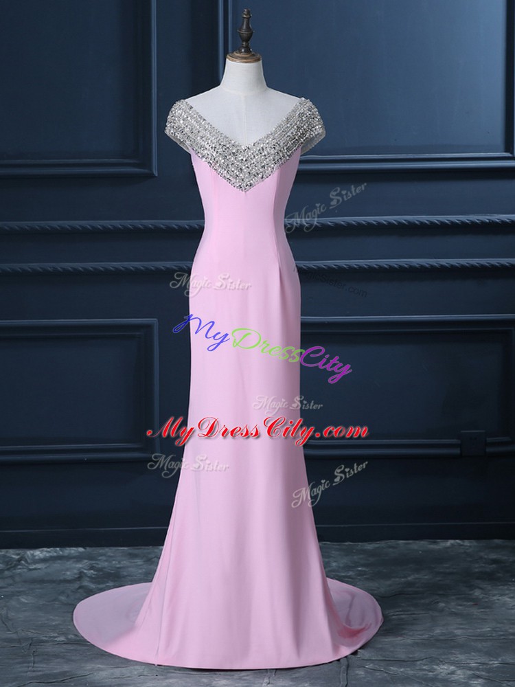 Fabulous Pink Cap Sleeves Beading Side Zipper Evening Dress