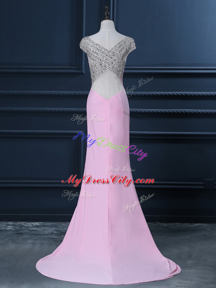 Fabulous Pink Cap Sleeves Beading Side Zipper Evening Dress