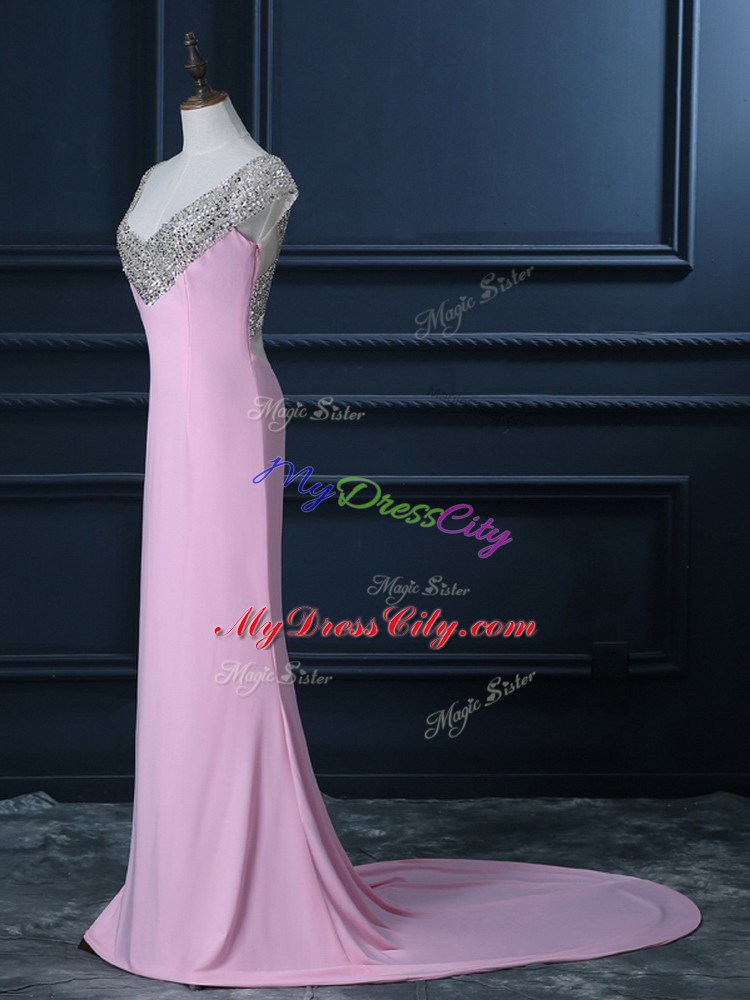 Fabulous Pink Cap Sleeves Beading Side Zipper Evening Dress