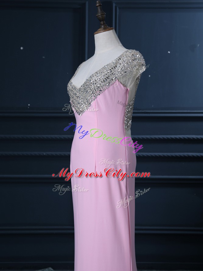 Fabulous Pink Cap Sleeves Beading Side Zipper Evening Dress