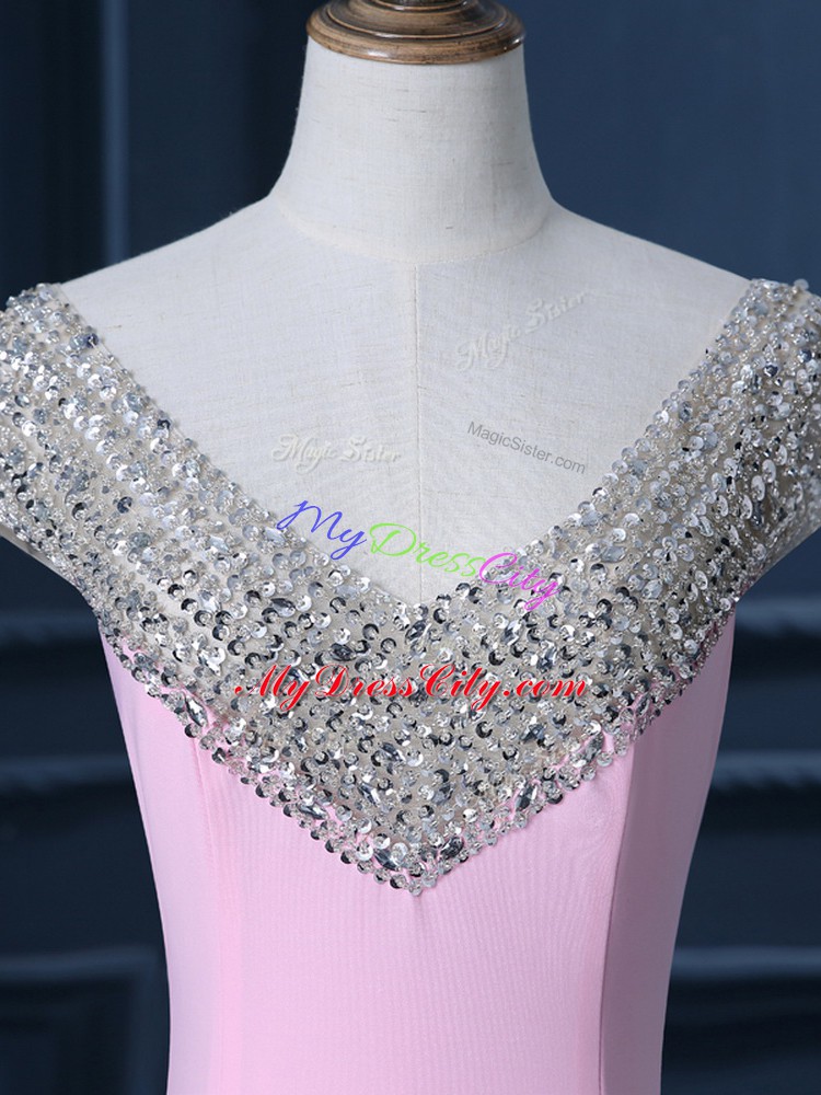 Fabulous Pink Cap Sleeves Beading Side Zipper Evening Dress