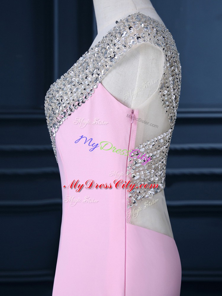 Fabulous Pink Cap Sleeves Beading Side Zipper Evening Dress