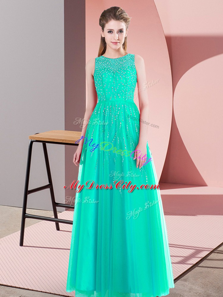 Classical Beading Prom Dresses Turquoise Side Zipper Sleeveless Floor Length