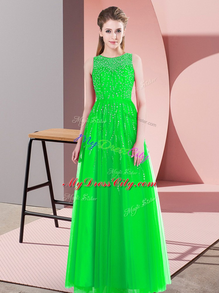 Affordable Scoop Sleeveless Evening Wear Floor Length Beading Green Tulle