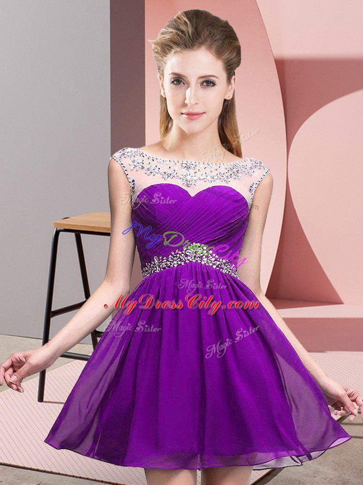 Fashionable Eggplant Purple A-line Scoop Sleeveless Chiffon Mini Length Backless Beading and Ruching Pageant Dress