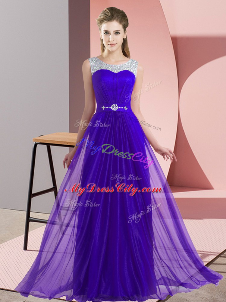 Lovely Purple Empire Beading Bridesmaid Dress Lace Up Chiffon Sleeveless Floor Length