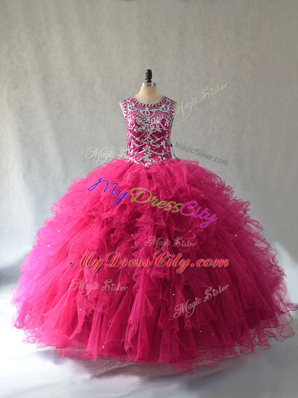 Hot Pink Ball Gowns Scoop Sleeveless Tulle Lace Up Beading Vestidos de Quinceanera