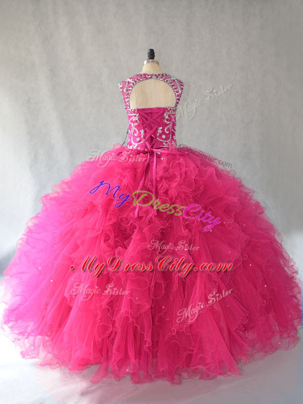 Hot Pink Ball Gowns Scoop Sleeveless Tulle Lace Up Beading Vestidos de Quinceanera