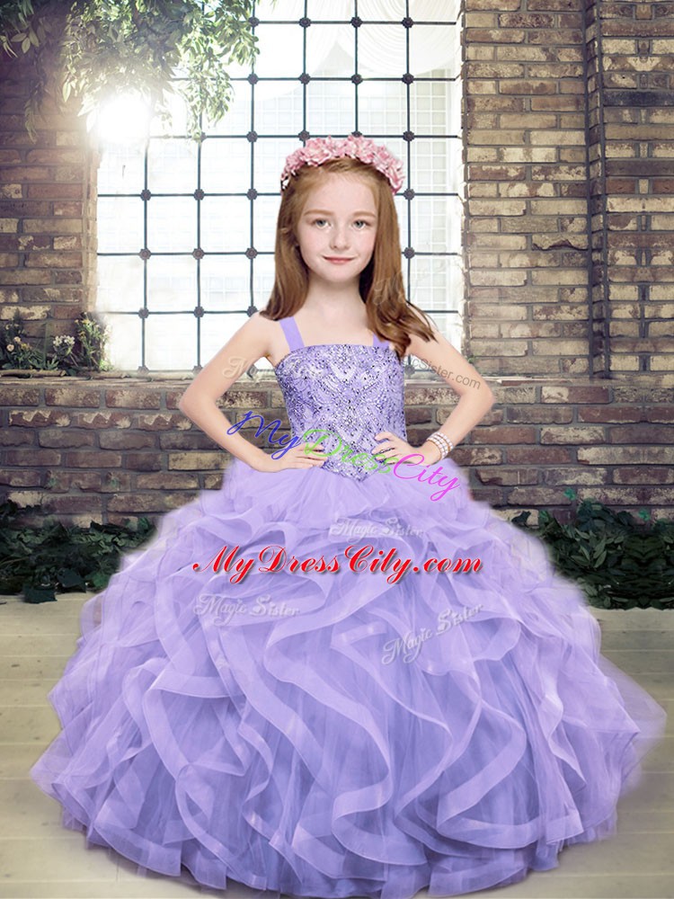 Floor Length Lavender Girls Pageant Dresses Straps Sleeveless Lace Up