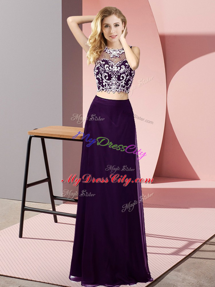 Purple Two Pieces Scoop Sleeveless Chiffon Floor Length Backless Beading Prom Homecoming Dress