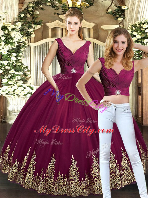 Dynamic Burgundy V-neck Neckline Beading and Appliques Quinceanera Gown Sleeveless Backless