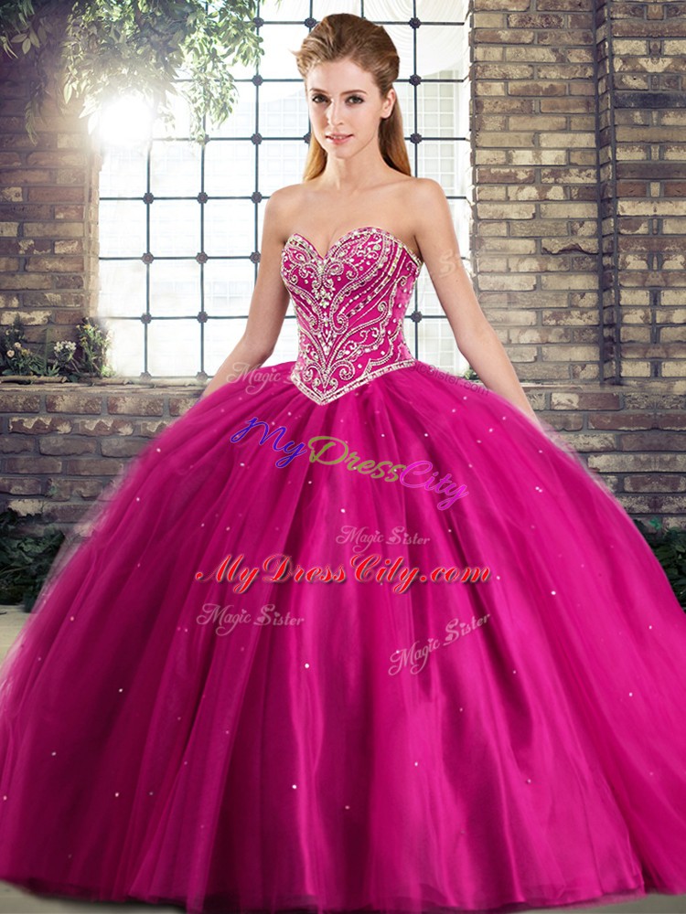 Gorgeous Fuchsia Sweet 16 Dress Sweetheart Sleeveless Brush Train Lace Up