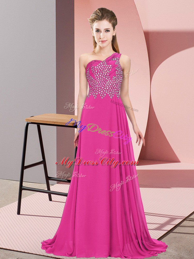 Fuchsia Empire One Shoulder Sleeveless Chiffon Floor Length Side Zipper Beading Prom Dresses