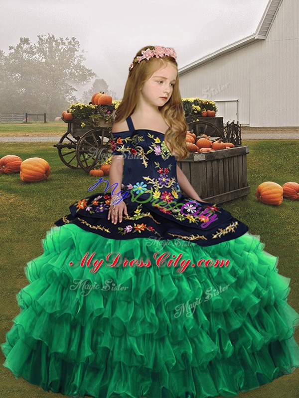 Green Sleeveless Floor Length Embroidery Lace Up Little Girls Pageant Gowns