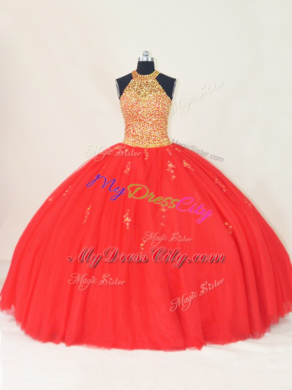 Dynamic Red Sleeveless Beading and Appliques Floor Length Ball Gown Prom Dress