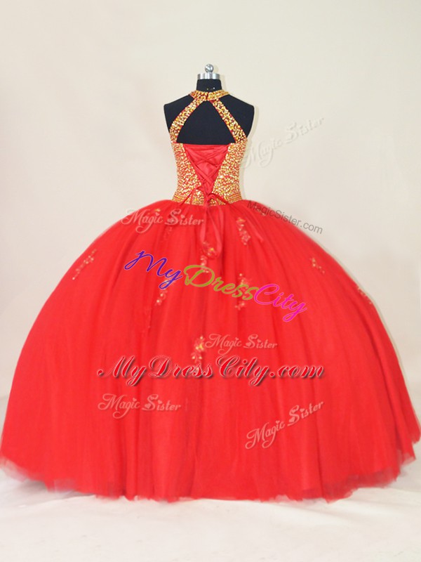 Dynamic Red Sleeveless Beading and Appliques Floor Length Ball Gown Prom Dress