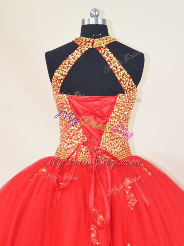 Dynamic Red Sleeveless Beading and Appliques Floor Length Ball Gown Prom Dress