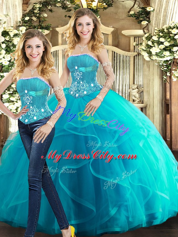 Sumptuous Floor Length Aqua Blue 15th Birthday Dress Strapless Sleeveless Lace Up