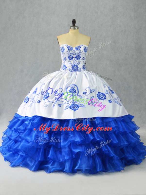 High Class Blue And White Sweet 16 Dresses Sweet 16 and Quinceanera with Embroidery and Ruffled Layers Sweetheart Sleeveless Lace Up