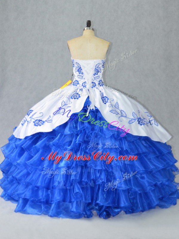 High Class Blue And White Sweet 16 Dresses Sweet 16 and Quinceanera with Embroidery and Ruffled Layers Sweetheart Sleeveless Lace Up