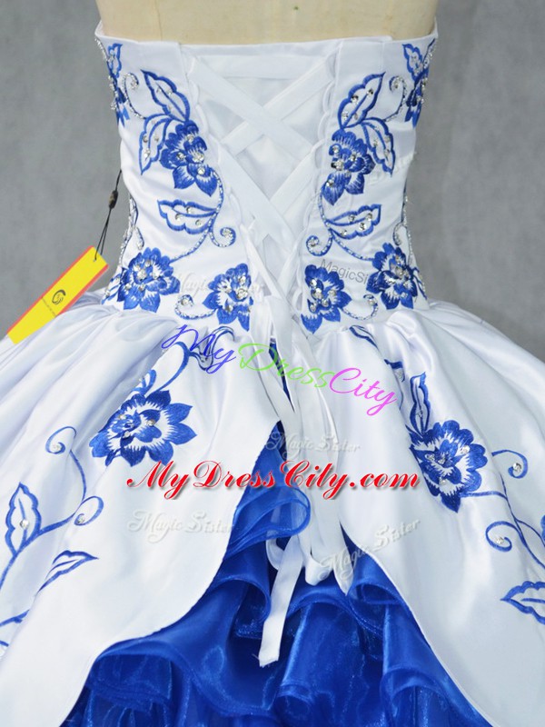 High Class Blue And White Sweet 16 Dresses Sweet 16 and Quinceanera with Embroidery and Ruffled Layers Sweetheart Sleeveless Lace Up