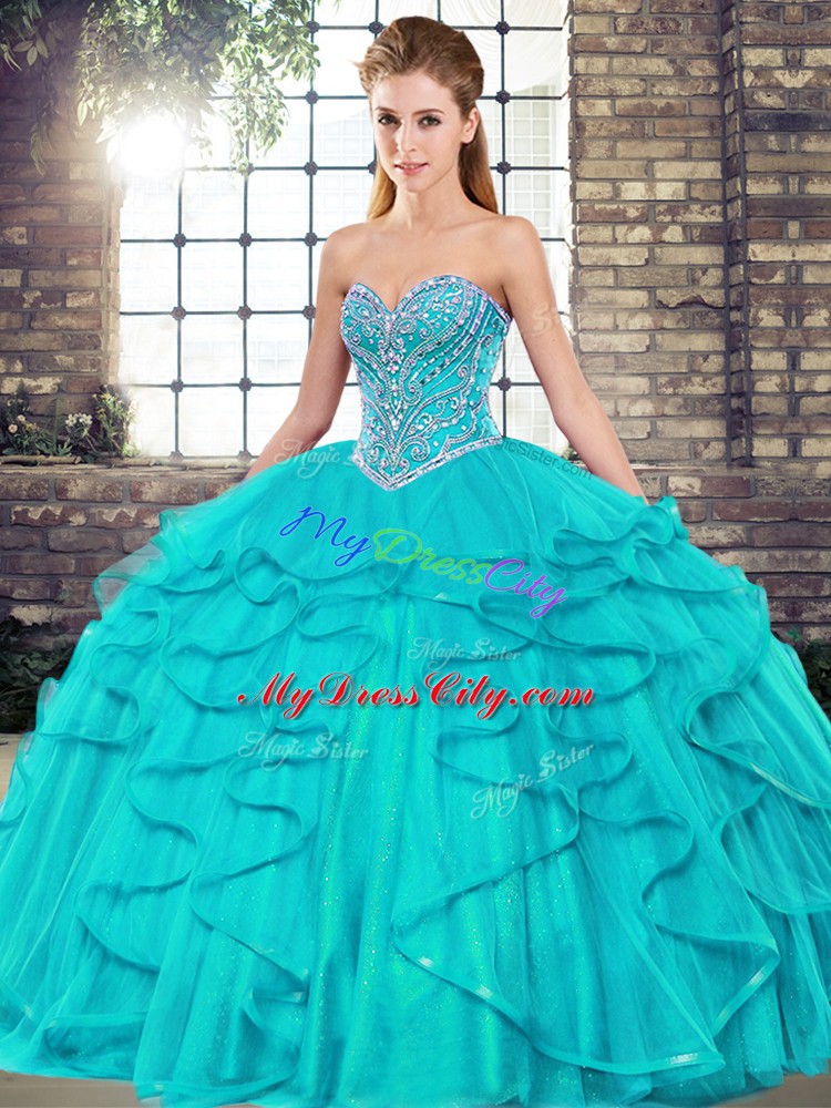 Dynamic Aqua Blue Tulle Lace Up Sweetheart Sleeveless Floor Length Sweet 16 Quinceanera Dress Beading and Ruffles