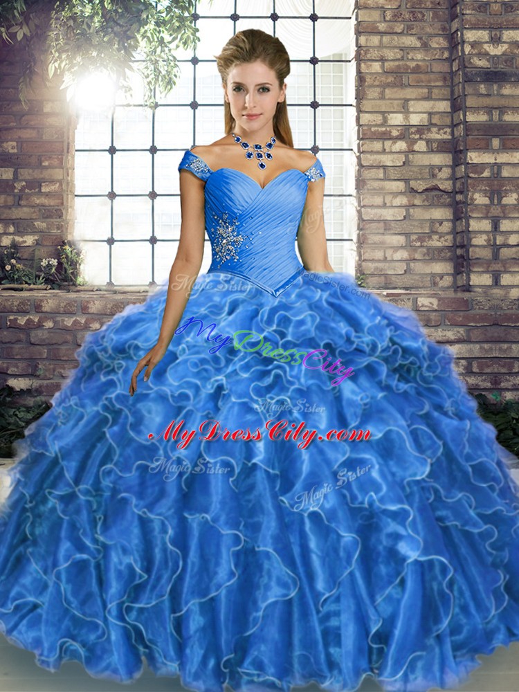 Luxury Blue Ball Gowns Off The Shoulder Sleeveless Organza Brush Train Lace Up Beading and Ruffles 15th Birthday Dress