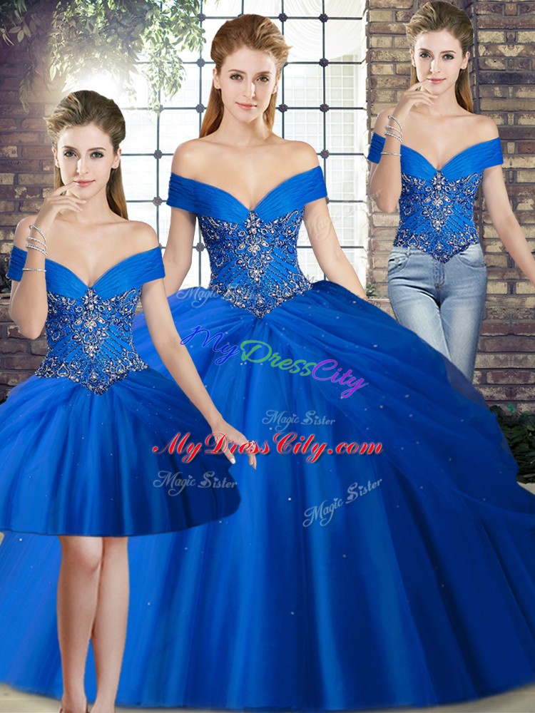 Nice Lace Up Quinceanera Dresses Royal Blue for Military Ball and Sweet 16 and Quinceanera with Beading and Pick Ups Brush Train