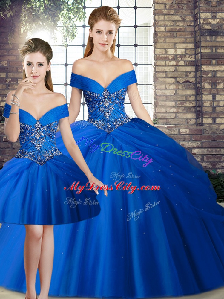 Nice Lace Up Quinceanera Dresses Royal Blue for Military Ball and Sweet 16 and Quinceanera with Beading and Pick Ups Brush Train