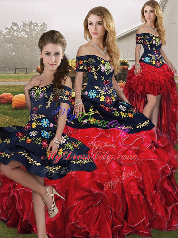 New Style Red And Black Off The Shoulder Neckline Embroidery and Ruffles Sweet 16 Quinceanera Dress Sleeveless Lace Up