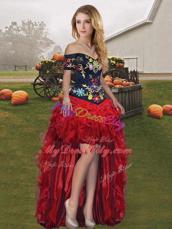 New Style Red And Black Off The Shoulder Neckline Embroidery and Ruffles Sweet 16 Quinceanera Dress Sleeveless Lace Up