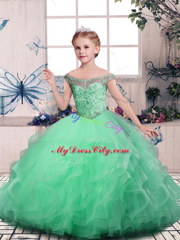 Apple Green Sleeveless Beading and Ruffles Floor Length Pageant Dress for Teens