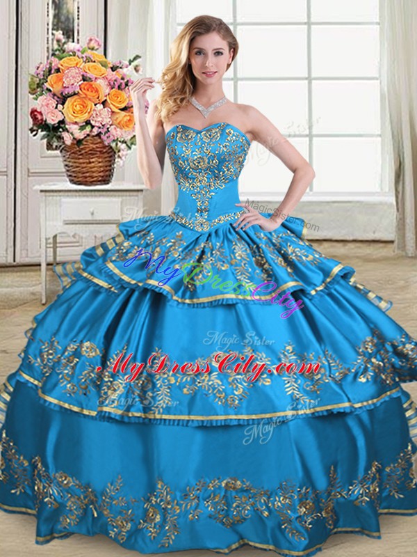 Glamorous Satin and Organza Sweetheart Sleeveless Lace Up Embroidery and Ruffled Layers Quinceanera Dress in Blue