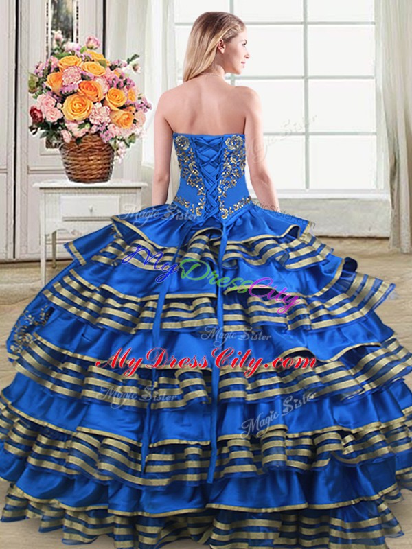 Glamorous Satin and Organza Sweetheart Sleeveless Lace Up Embroidery and Ruffled Layers Quinceanera Dress in Blue