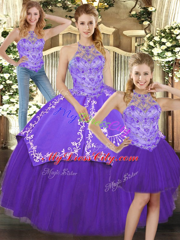 Purple Halter Top Lace Up Beading and Embroidery Quinceanera Dress Sleeveless